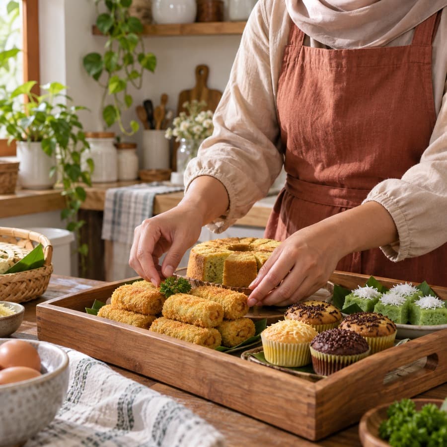 Ilustrasi proses menata aneka kue rumahan di dapur